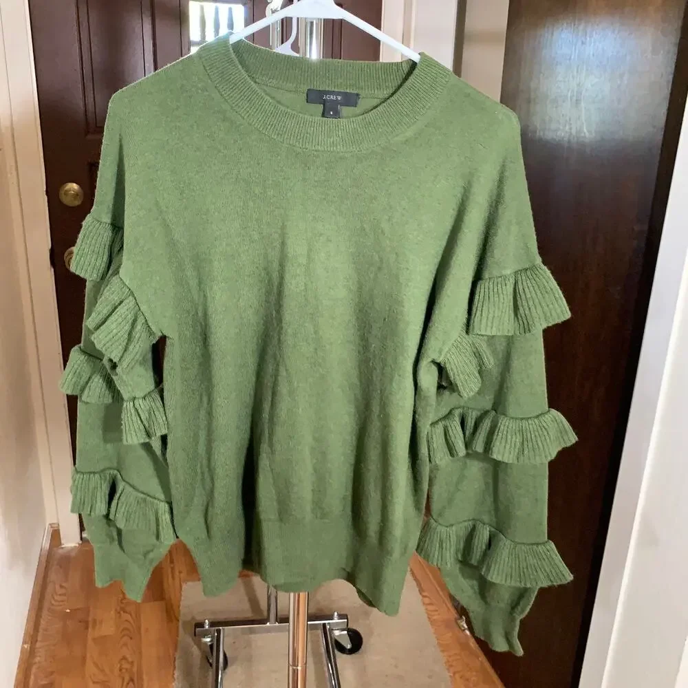 J. Crew green wool blend Ruffle Sleeve sweater size S